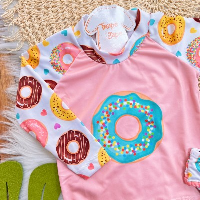 Linha Praia - Blusa com Proteção UV50+ e Calcinha - Donuts - Rosa Claro